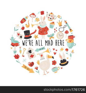 Colorful compositions with characters of Alice in Wonderland. Vector design, illustration. Colorful compositions with characters, symbols of Alice in Wonderland. Vector design, illustration