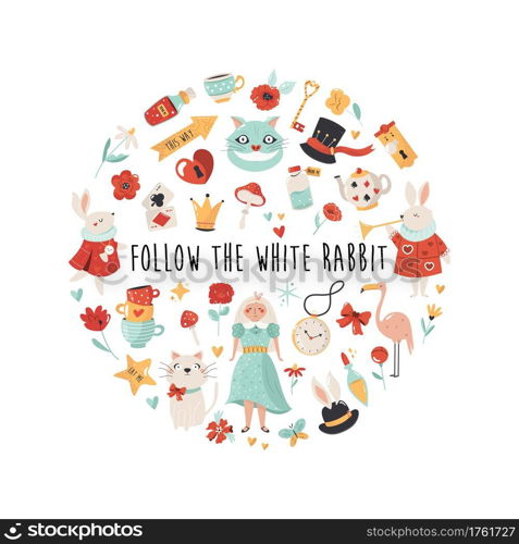 Colorful compositions with characters of Alice in Wonderland. Vector design, illustration. Colorful compositions with characters, symbols of Alice in Wonderland. Vector design, illustration