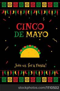 Colorful concept with taco symbol, garland flags and jalapeno for traditional Mexican celebration on cinco de mayo. Vector illustration for restaurant menu. Black design cinco de mayo party poster template.