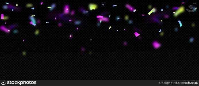 Colorful confetti flying in air on transparent background. Vector realistic illistration of neon color paper particles falling down. Birthday surprise party, holiday celebration, festival decoration. Colorful confetti flying in air on transparent