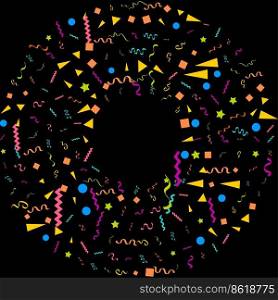 Colorful Confetti. Vector Festive Illustration of Falling Shiny Confetti Isolated on Black Black Background. Holiday Decorative Tinsel Element for Design Vector Illustration