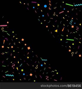 Colorful Confetti. Vector Festive Illustration of Falling Shiny Confetti Isolated on Black Black Background. Holiday Decorative Tinsel Element for Design Vector Illustration