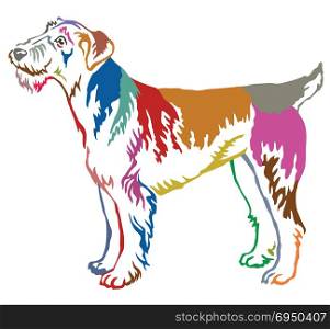 Colorful contour decorative portrait of standing in profile dog Airedale Terrier, vector isolated illustration on white background