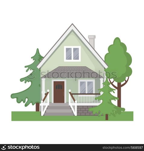 Colorful cottage house isolated on white background. Flat Design Urban Landscape. Modern building architecture icon. Vector Illustration.. Colorful cottage house icon in flat style.