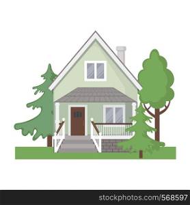 Colorful cottage house isolated on white background. Flat Design Urban Landscape. Modern building architecture icon. Vector Illustration.. Colorful cottage house icon in flat style.