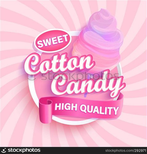 Colorful cotton cande shop logo, label or emblem in cartoon style for your design on sunburst background. Concept for posters, banners, packing and packages, advertise. Vector illustration.. Cotton candy shop logo, label or emblem.