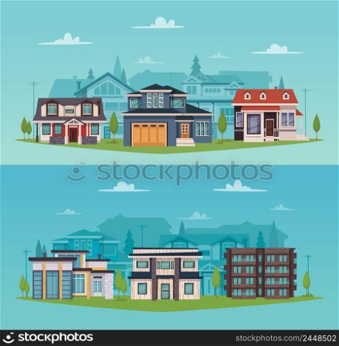 Colorful countryside horizontal banners with suburban houses and cottages in flat style vector illustration. Colorful Countryside Horizontal Banners
