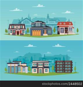 Colorful countryside horizontal banners with suburban houses and cottages in flat style vector illustration. Colorful Countryside Horizontal Banners