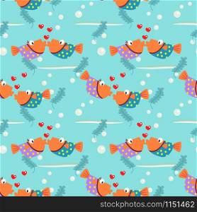 Colorful couple fish is kissing seamless pattern. Lovely animal in Valentine concept.