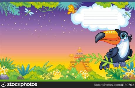 Colorful cover design with cute character toucan in the jungle. Children cartoon background. Vector illustration. Two-page cover for notebooks, books, design, printing, decor, advertising, stationery.. Cover for notebook with cute toucan in jungle vector