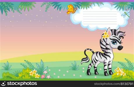 Colorful cover design with cute character zebra in nature. Children cartoon background. Vector illustration. Two-page cover for notebooks, books, design, printing, decor, advertising, stationery.. Cover for notebook with cute zebra in jungle vector