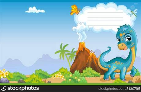 Colorful cover design with cute dinosaur diplodocus in nature. Children cartoon background. Vector illustration. Two-page cover for notebooks, books, design, printing, decor, advertising, stationery.. Cover for notebook with cute dinosaur diplodocus vector