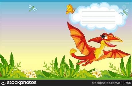 Colorful cover design with cute dinosaur pterodactyl in nature. Children cartoon background. Vector illustration. Two-page cover for notebooks, books, design, printing, decor, advertising, stationery.. Cover for notebook with cute dinosaur pterodactyl vector