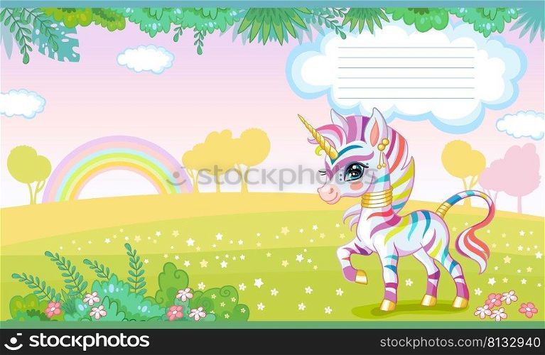 Colorful cover design with cute zebra unicorn a blooming meadow. Children cartoon background. Vector illustration. Cover page template layout. For notebooks, planners, brochures, books. Two-page cover. Cover for notebook with cute zebra unicorn vector