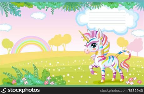 Colorful cover design with cute zebra unicorn a blooming meadow. Children cartoon background. Vector illustration. Cover page template layout. For notebooks, planners, brochures, books. Two-page cover. Cover for notebook with cute zebra unicorn vector