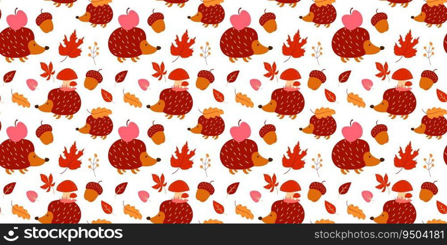 Colorful cozy autumn seamless pattern. Hedgehog, apple, acorn, leaves Vector illustration. Colorful cozy autumn seamless pattern. Hedgehog, apple, acorn, leaves