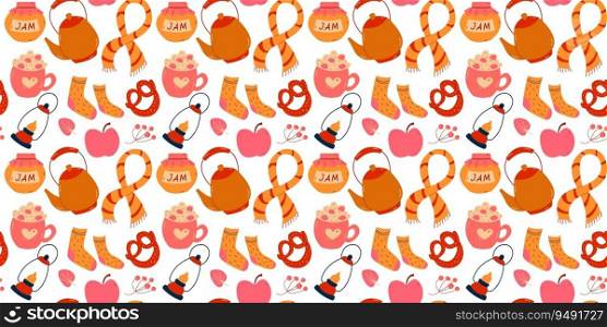 Colorful cozy autumn seamless pattern. Vector illustration.. Colorful cozy autumn seamless pattern.