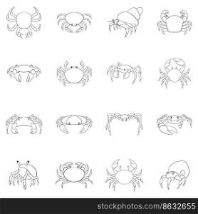 Colorful crab set icons in outline style isolated on white background. Colorful crab icon set outline