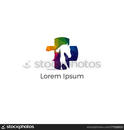 Colorful cross incorporate with dog. It's good for pet shop, house, clinic and care, or other pet activity. animal clinic and hospital logo, low poly animal vector, polygonal animal clinic logo