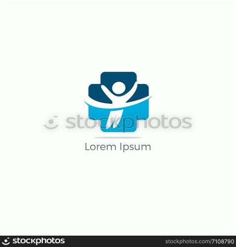 Colorful cross incorporate with people. It's good for health and care fitness gym logo. Weight loss and slim body. Happy kid hospital vector illustration. charity and support icon.
