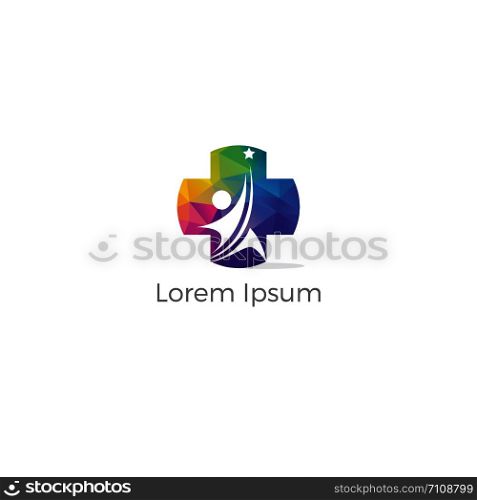 Colorful cross incorporate with people. It's good for health and care fitness gym logo. Weight loss and slim body. Happy kid hospital vector illustration. charity and support icon.