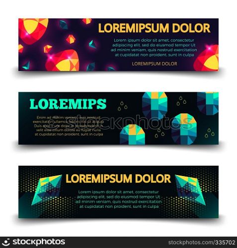 Colorful crystalls banner template set. Collection of poster, vector illustration. Colorful crystalls banner template set