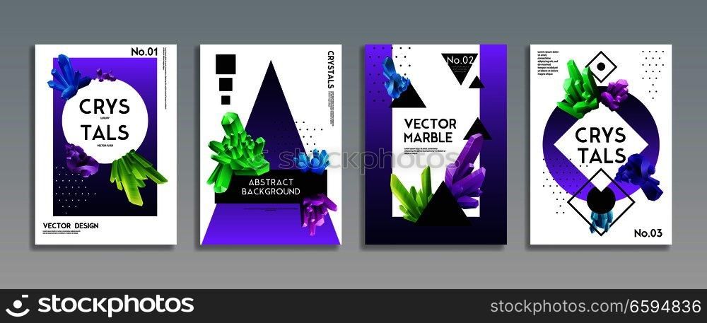 Colorful crystals 4 realistic decorative banners set with vibrant bright green purple blue minerals background vector illustration . Crystal Banners Realistic Set 