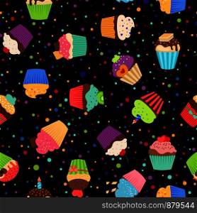 Colorful cupcakes or muffins pattern with black background. Birthday background design. Vector illustration. Colorful cupcakes or muffins pattern