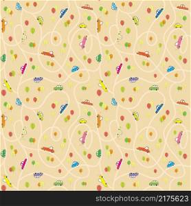 Colorful cute cars, highway and trees seamless pattern. Wallpaper for boys room, kids clothes, textile, fabric, print, paper, cover design vector illustration.
