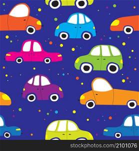 Colorful cute toy cars seamless pattern. Wallpaper for boys room, kids clothes, textile, fabric, print, paper, cover design vector illustration.