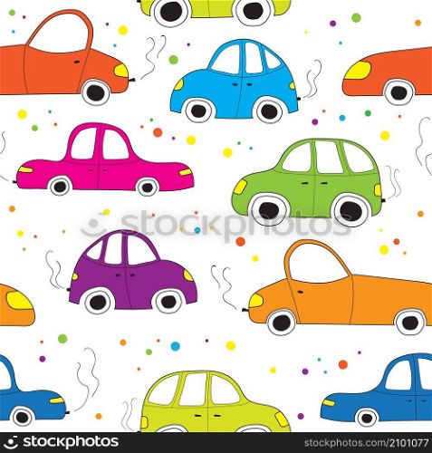 Colorful cute toy cars seamless pattern. Wallpaper for boys room, kids clothes, textile, fabric, print, paper, cover design vector illustration.