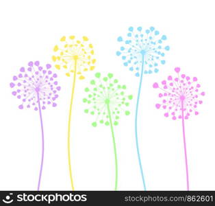 Colorful dandelion flowers in cartoon style on white, stock vector illustration