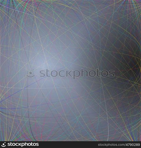 Colorful dark background with abstract lines. Bright color chaotic, random, messy curves. Colourful vector decoration.