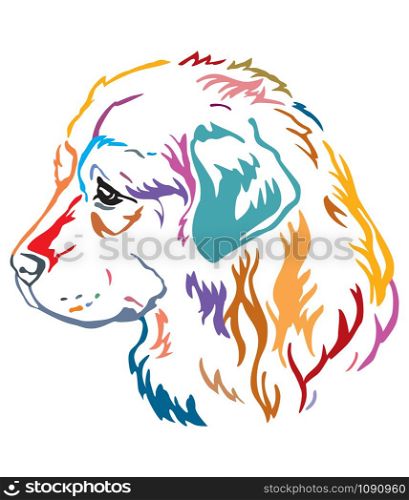 Colorful decorative contour outline portrait of Dog Caucasian Shepherd looking in profile, vector illustration in different colors isolated on white background. Image for design and tattoo.