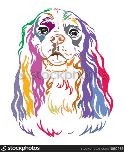 Colorful decorative contour outline portrait of Dog Cavalier King Charles Spaniel, vector illustration in different colors isolated on white background. Image for design and tattoo.