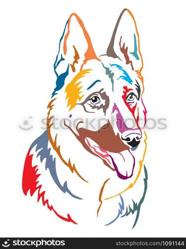 Colorful decorative contour outline portrait of Dog German Shepherd looking in profile, vector illustration in different colors isolated on white background. Image for design and tattoo.