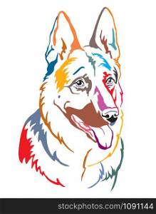 Colorful decorative contour outline portrait of Dog German Shepherd looking in profile, vector illustration in different colors isolated on white background. Image for design and tattoo.
