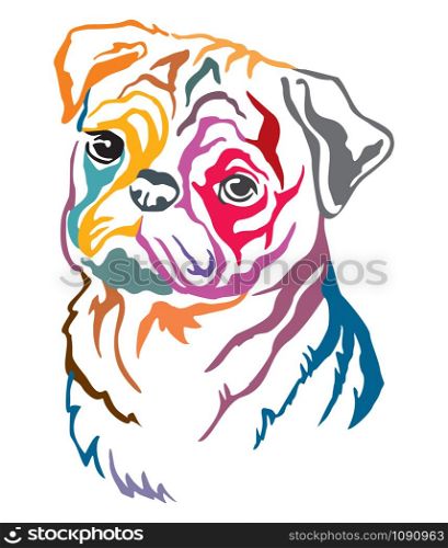 Colorful decorative contour outline portrait of Dog Pug, vector illustration in different colors isolated on white background. Image for design and tattoo.