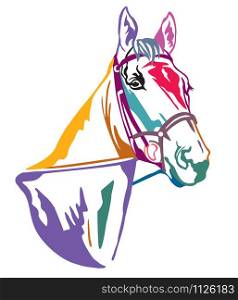 Colorful decorative contour portrait in profile of beautiful horse in bridle, vector illustration in different colors isolated on white background. Image for logo, design and tattoo.