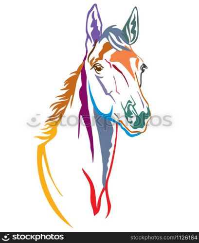 Colorful decorative contour portrait of beautiful foal, vector illustration in different colors isolated on white background. Image for logo, design and tattoo.