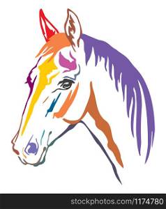 Colorful decorative contour portrait of beautiful horse with long mane, looking in profile. Vector illustration in different colors isolated on white background. Image for logo, design and tattoo.