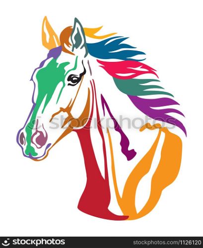 Colorful decorative contour portrait of beautiful running horse with long mane, looking in profile. Vector illustration in different colors isolated on white background. Image for logo, design and tattoo.