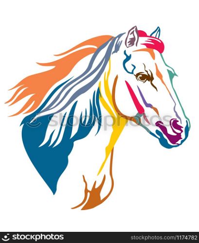 Colorful decorative contour portrait of grace running horse with long mane, looking in profile. Vector illustration in different colors isolated on white background. Image for logo, design and tattoo.