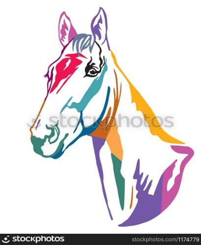 Colorful decorative contour portrait of horse looking in profile. Vector illustration in different colors isolated on white background. Image for logo, design and tattoo.