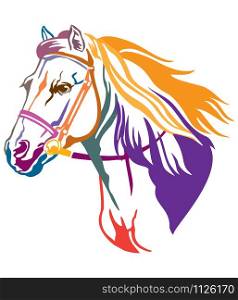 Colorful decorative contour portrait of running horse in bridle and long mane, looking in profile. Vector illustration in different colors isolated on white background. Image for logo, design and tattoo.