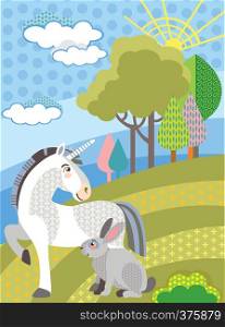 Colorful decorative cute unicorn and rabbit in meadow with trees. Vector cartoon flat illustration in different colors.