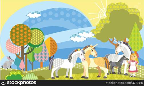 Colorful decorative cute unicornes, rabbit and girl in meadow with trees. Vector cartoon flat illustration in different colors.
