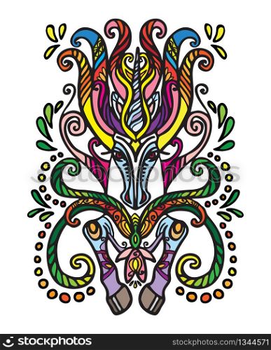 Colorful decorative doodle ornamental unicorn. Decorative abstract vector illustration in different colors with black contour isolated on white background. Stock illustration for design and tattoo.