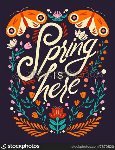 Colorful decorative handwritten typography design with animals and flower decoration. Spring hand lettering illustration design. Spring motifs in folk art style. Colorful flat vector illustration.