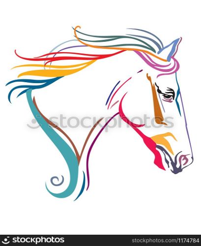 Colorful decorative ornamental contour portrait of running horse with long mane, looking in profile. Vector illustration in different colors isolated on white background. Image for logo, design and tattoo.